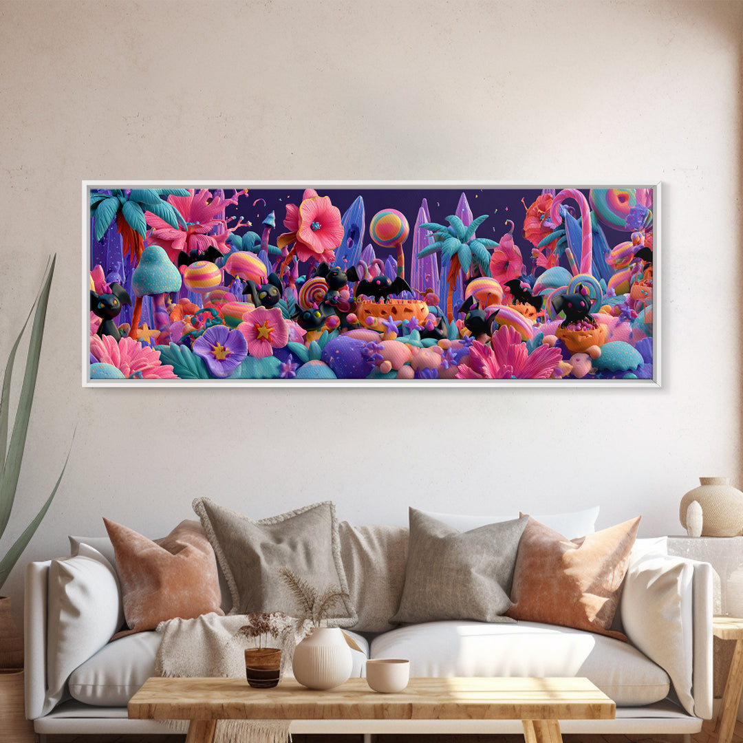The Gummy Bat Garden, Cute Spooky Neon Art, Extra Wide Wall Art, Canvas Print, Retro Halloween Decor, Neon Wall Art, Horror Wall Art