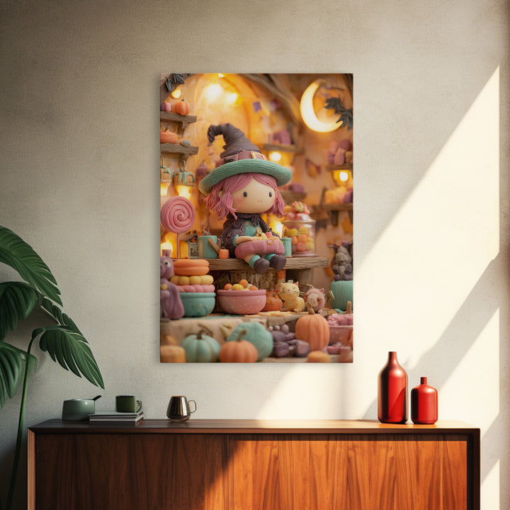 The Candy Witch'S Kitchen, Cute Spooky Neon Art, Vertical Wall Art, Framed Canvas Print, Retro Halloween Decor, Neon Wall Art
