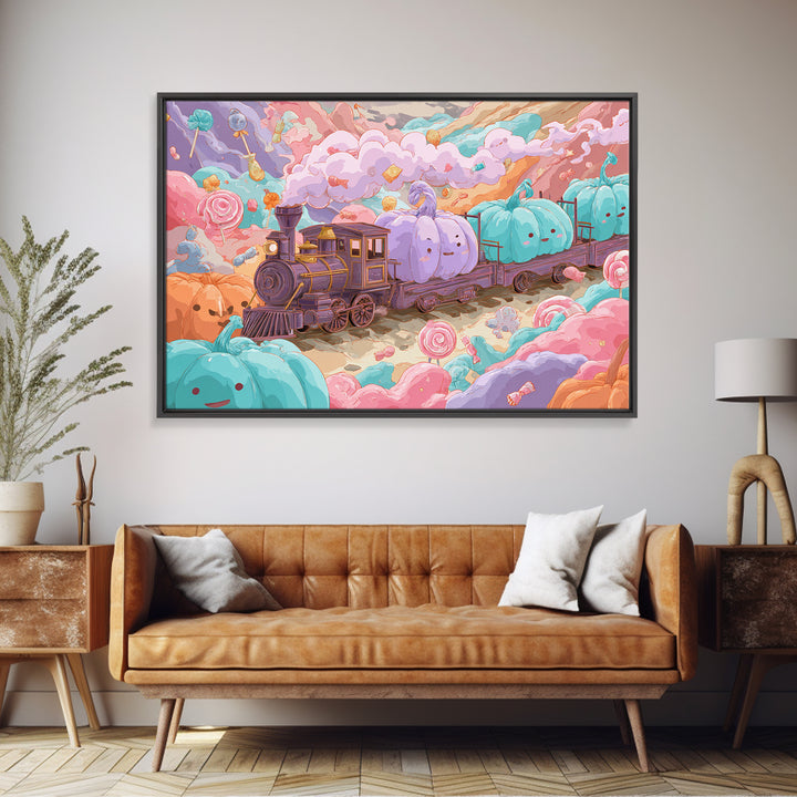 The Chocolate Pumpkin Train, 80s Halloween Wall Art, Landscape Wall Art, Framed Canvas Print, Retro Halloween Decor, Neon Wall Art