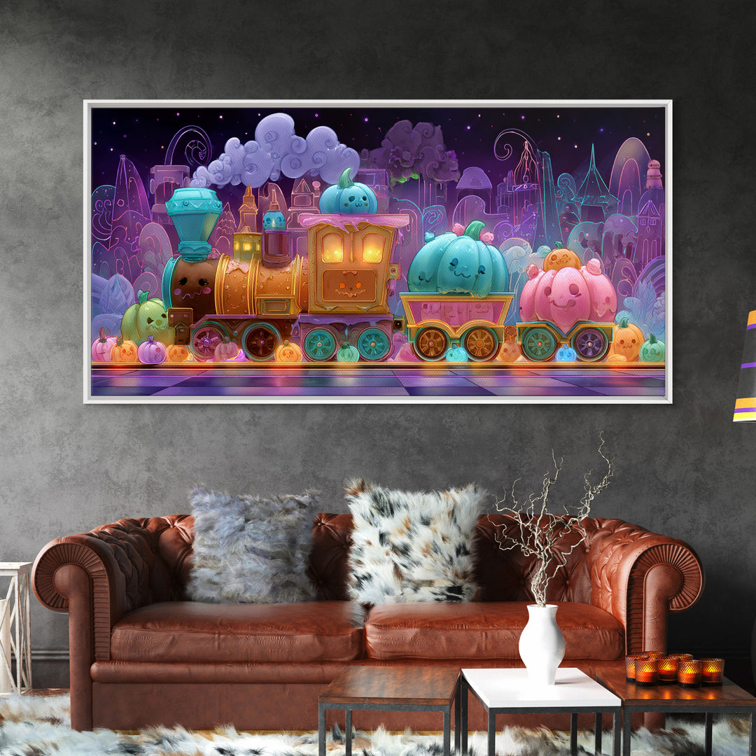 The Chocolate Pumpkin Train, 80s Halloween Wall Art, Wide Panoramic Art, Canvas Print, Retro Halloween Decor, Neon Wall Art