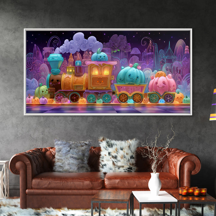 The Chocolate Pumpkin Train, 80s Halloween Wall Art, Wide Panoramic Art, Canvas Print, Retro Halloween Decor, Neon Wall Art