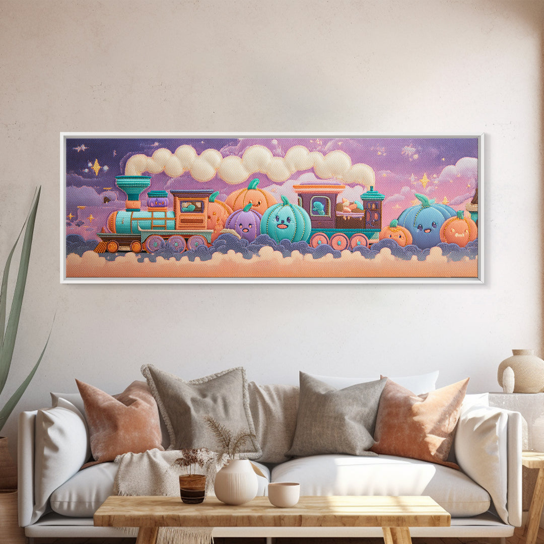 The Chocolate Pumpkin Train, 80s Halloween Wall Art, Extra Wide Wall Art, Framed Canvas Print, Retro Halloween Decor, Neon Wall Art
