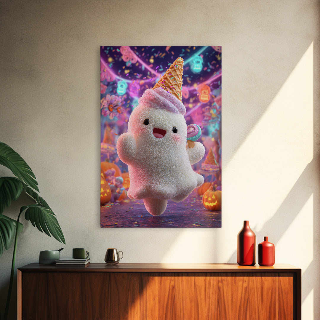 The Ice-Cream Ghost Parade, 80s Halloween Wall Art, Vertical Wall Art, Canvas Print, Retro Halloween Decor, Neon Wall Art, Dark Fantasy Art