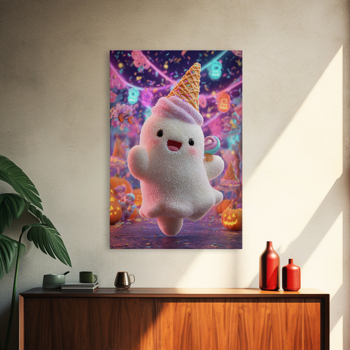 The Ice-Cream Ghost Parade, 80s Halloween Wall Art, Vertical Wall Art, Canvas Print, Retro Halloween Decor, Neon Wall Art, Dark Fantasy Art