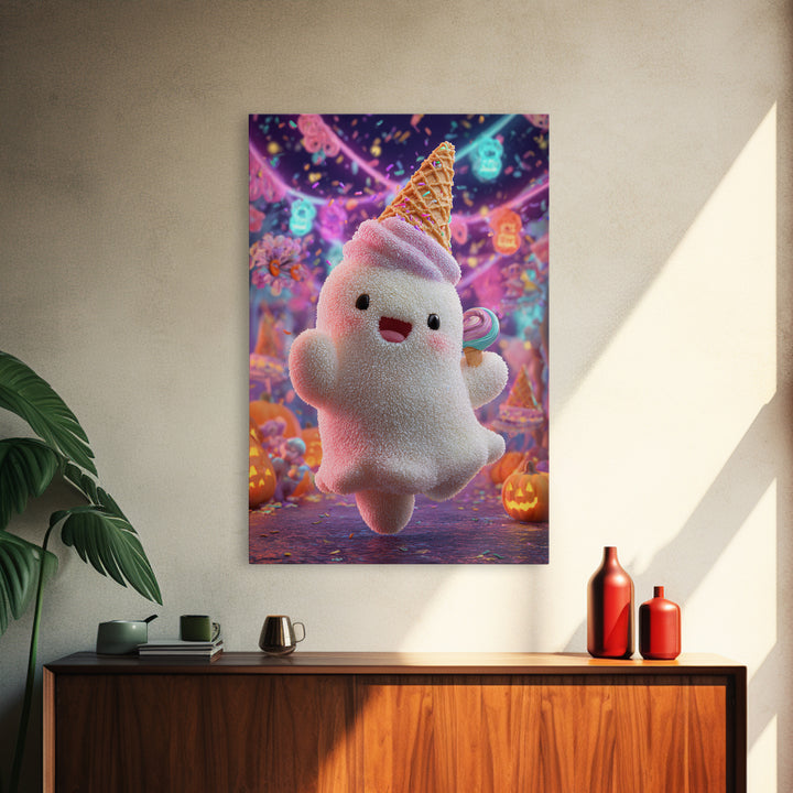 The Ice-Cream Ghost Parade, 80s Halloween Wall Art, Vertical Wall Art, Canvas Print, Retro Halloween Decor, Neon Wall Art, Dark Fantasy Art