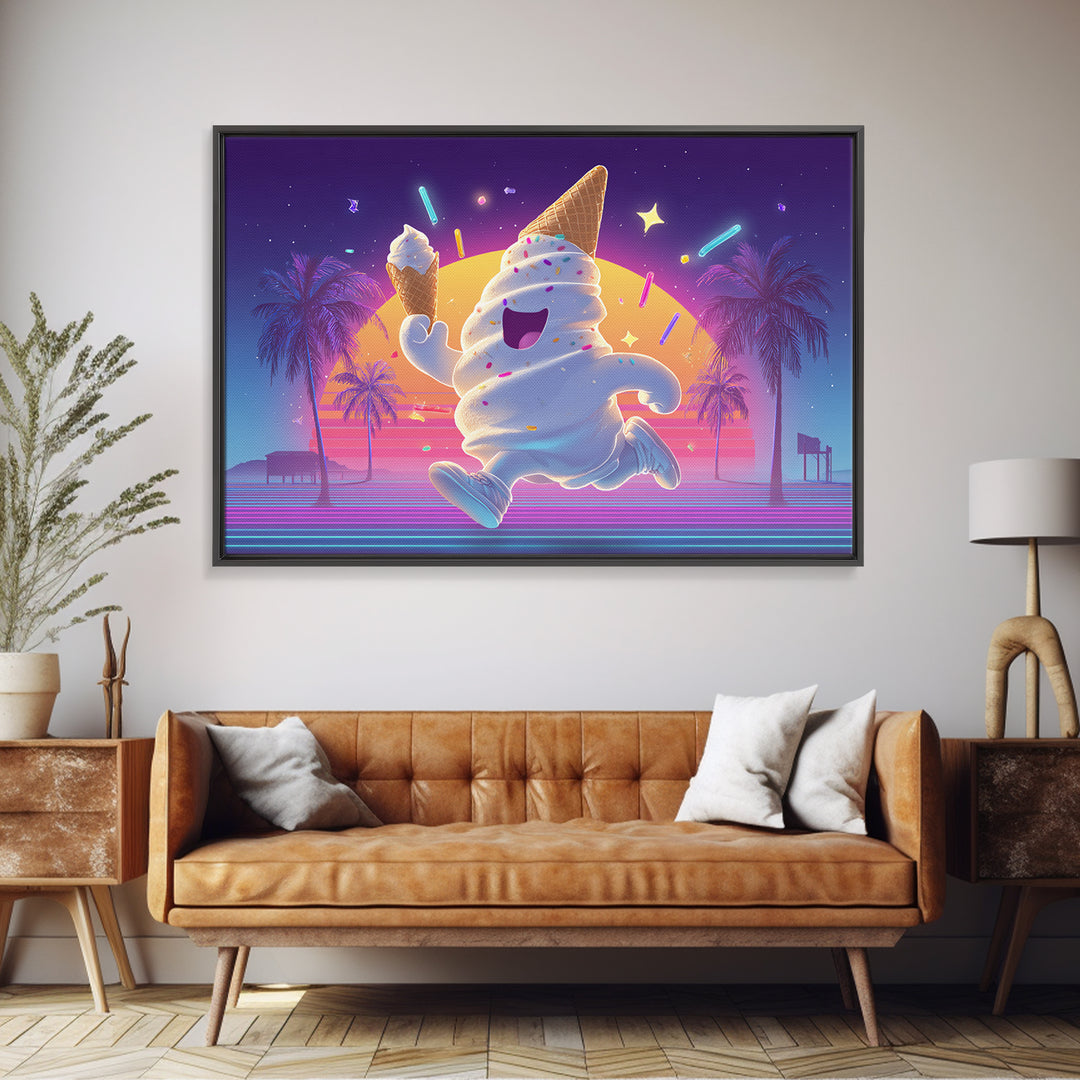 The Ice-Cream Ghost Parade, Cute Spooky Neon Art, Landscape Wall Art, Canvas Print, Retro Halloween Decor, Neon Wall Art, Spooky Wall Decor