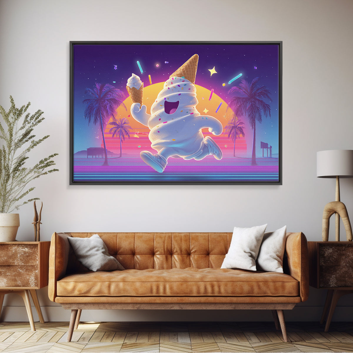 The Ice-Cream Ghost Parade, Cute Spooky Neon Art, Landscape Wall Art, Canvas Print, Retro Halloween Decor, Neon Wall Art, Spooky Wall Decor