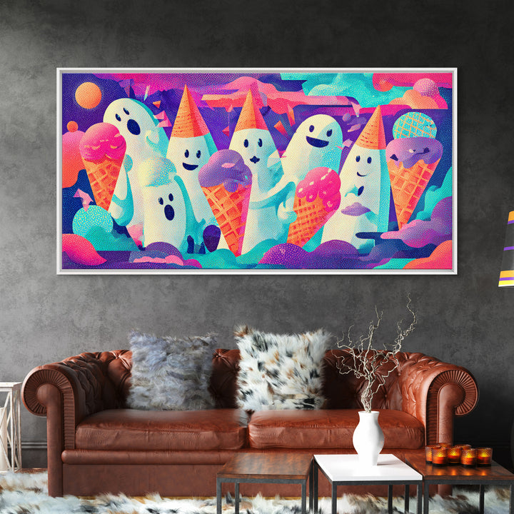 The Ice-Cream Ghost Parade, Vaporwave Halloween Decor, Wide Panoramic Art, Framed Canvas Print, Retro Halloween Decor, Neon Wall Art
