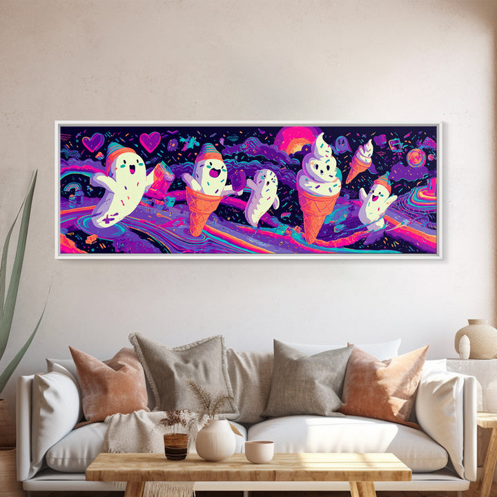 The Ice-Cream Ghost Parade, Retro Neon Halloween Art, Extra Wide Wall Art, Framed Canvas Print, Retro Halloween Decor, Neon Wall Art