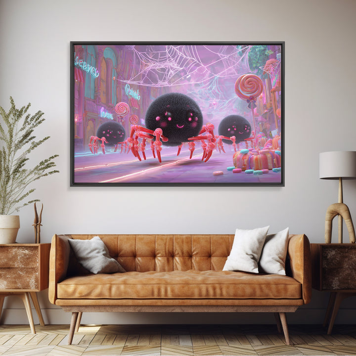 The Licorice Spider Family, Vaporwave Halloween Decor, Landscape Wall Art, Canvas Print, Retro Halloween Decor, Neon Wall Art
