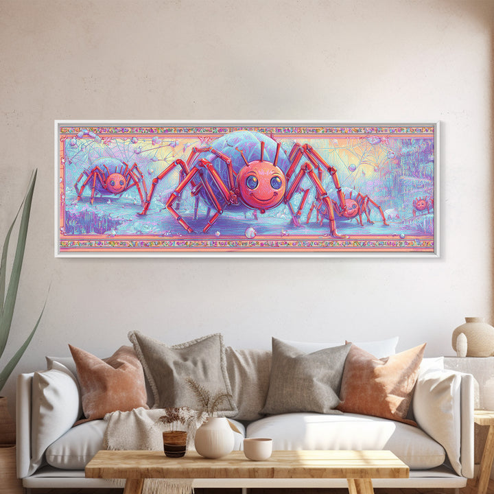 The Licorice Spider Family, Cute Spooky Neon Art, Extra Wide Wall Art, Framed Canvas Print, Retro Halloween Decor, Neon Wall Art