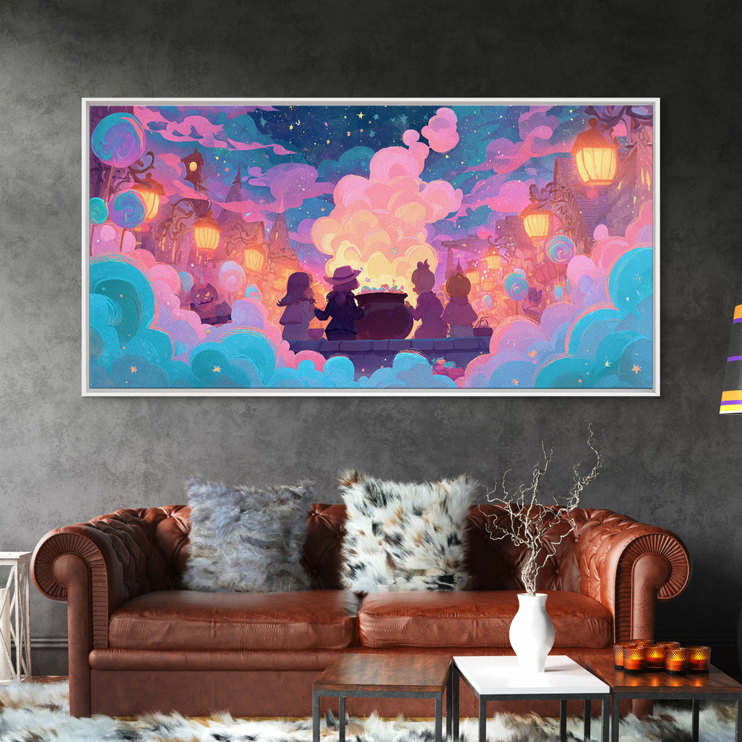 The Cotton-Candy Cauldron, Retro Neon Halloween Art, Wide Panoramic Art, Canvas Print, Retro Halloween Decor, Neon Wall Art