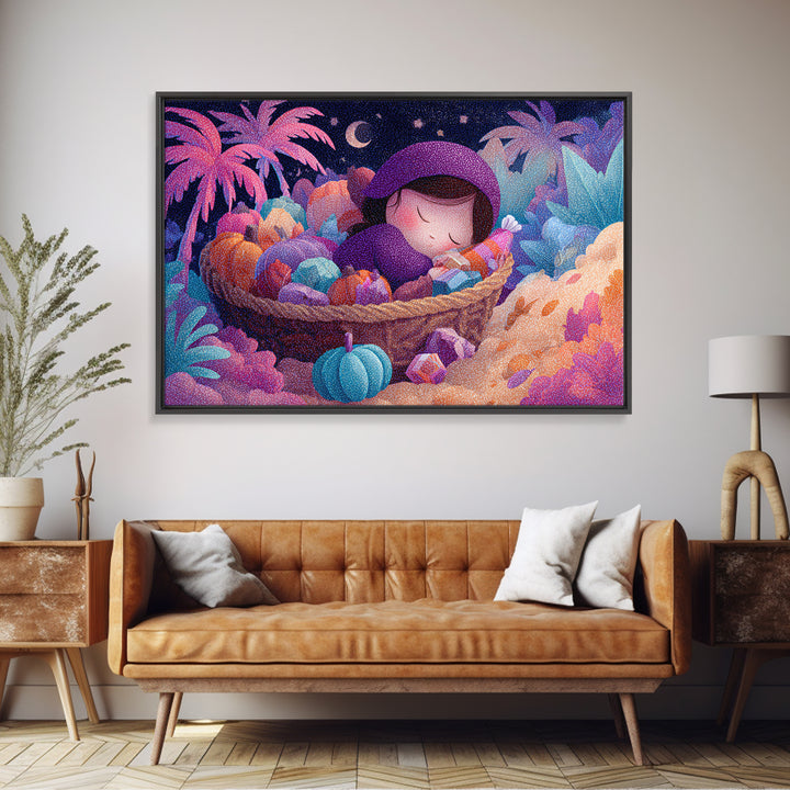 The Candy Basket Sleepover, Cute Spooky Neon Art, Landscape Wall Art, Canvas Print, Retro Halloween Decor, Neon Wall Art, Macabre Wall Art