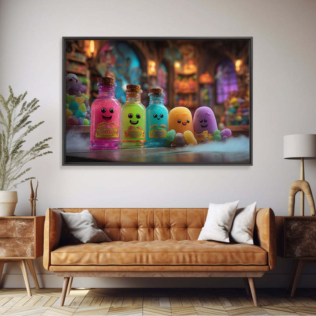 The Jellybean Potion Shop, Retro Neon Halloween Art, Landscape Wall Art, Canvas Print, Retro Halloween Decor, Neon Wall Art