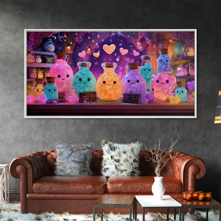 The Jellybean Potion Shop, Cute Spooky Neon Art, Wide Panoramic Art, Canvas Print, Retro Halloween Decor, Neon Wall Art, Statement Wall Art