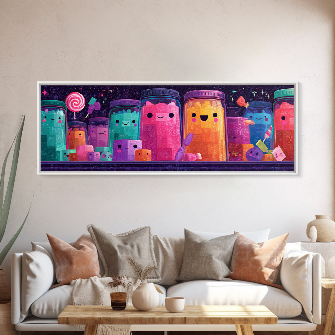 The Jellybean Potion Shop, Cute Spooky Neon Art, Extra Wide Wall Art, Canvas Print, Retro Halloween Decor, Neon Wall Art, Horror Wall Art
