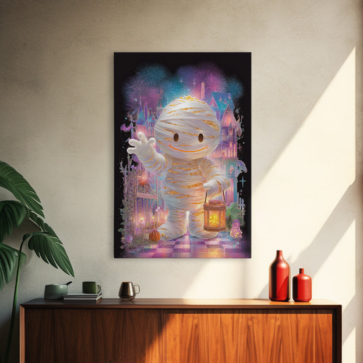 The Popcorn Mummy, Cute Spooky Neon Art, Vertical Wall Art, Framed Canvas Print, Retro Halloween Decor, Neon Wall Art, Spooky Wall Decor