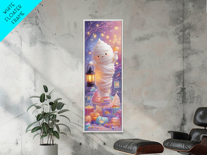 The Popcorn Mummy, Cute Spooky Neon Art, Tall Narrow Wall Art, Canvas Print, Retro Halloween Decor, Neon Wall Art, Dark Fantasy Art