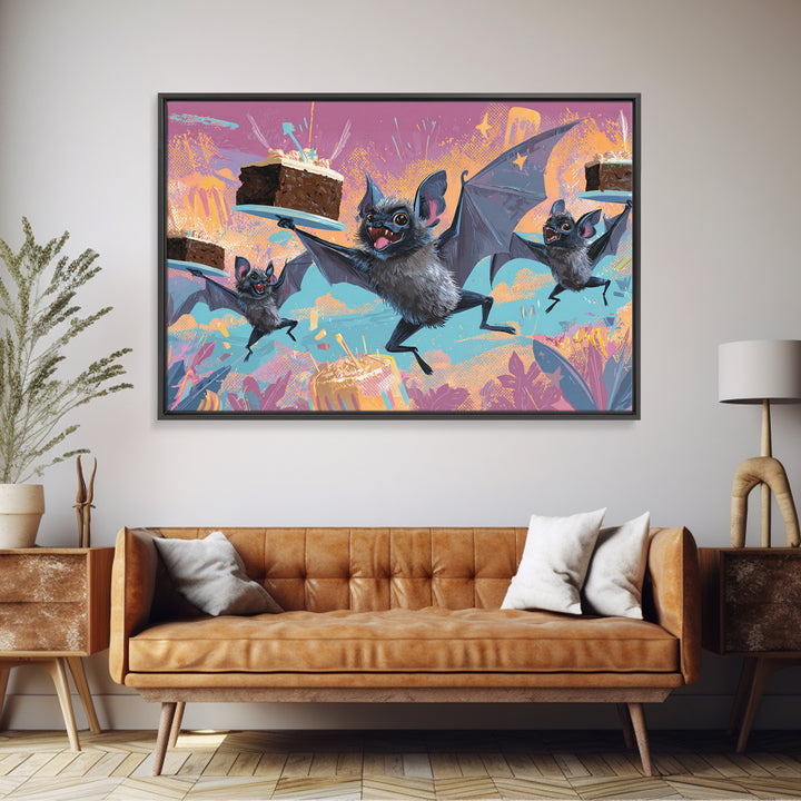 The Brownie Bat Bakery, Synthwave Halloween Art, Landscape Wall Art, Canvas Print, Retro Halloween Decor, Neon Wall Art
