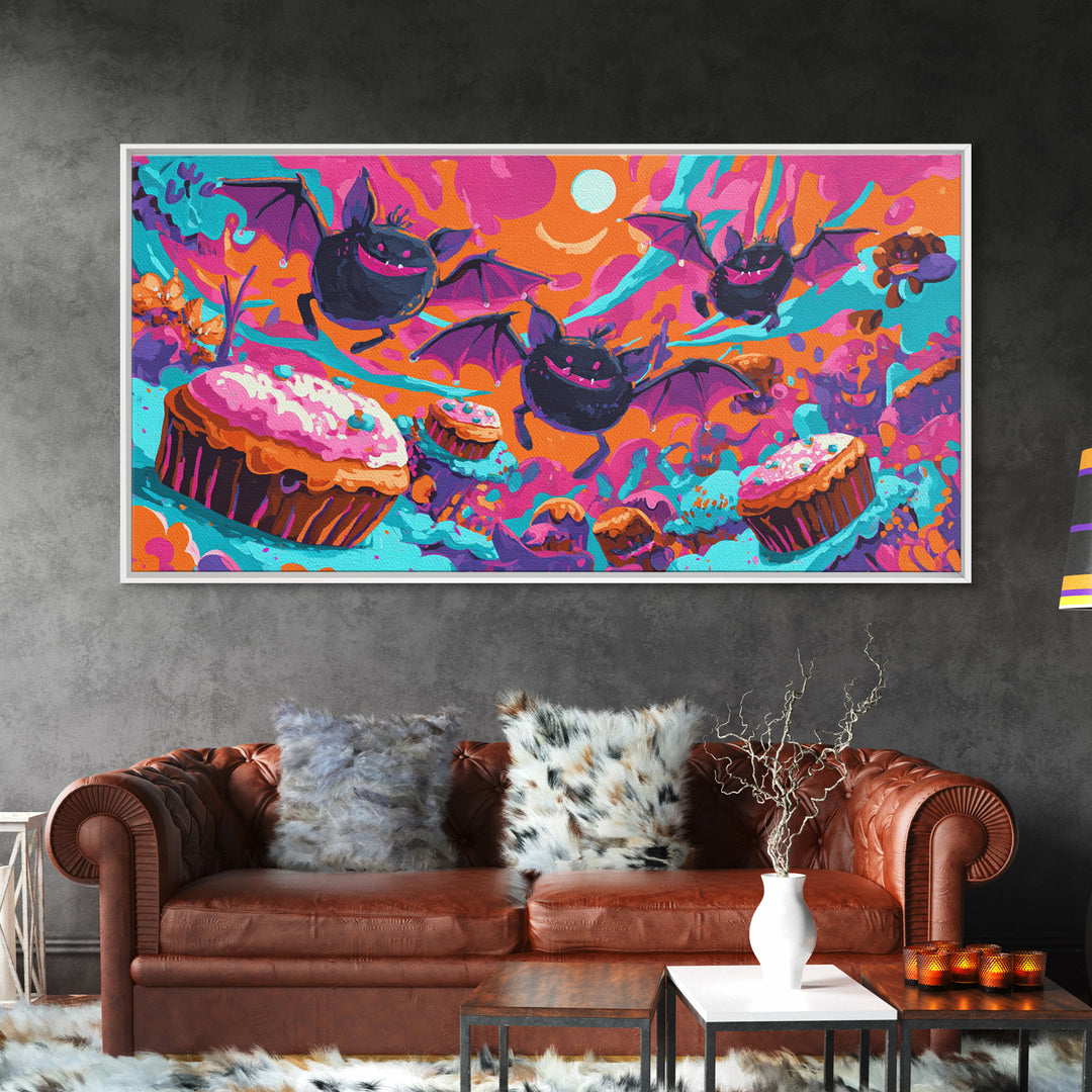 The Brownie Bat Bakery, Cute Spooky Neon Art, Wide Panoramic Art, Framed Canvas Print, Retro Halloween Decor, Neon Wall Art