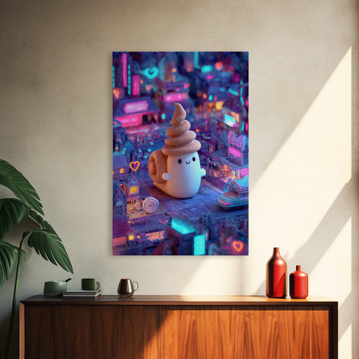 The Cinnamon-Roll Snail Witch, Retro Neon Halloween Art, Vertical Wall Art, Framed Canvas Print, Retro Halloween Decor, Neon Wall Art