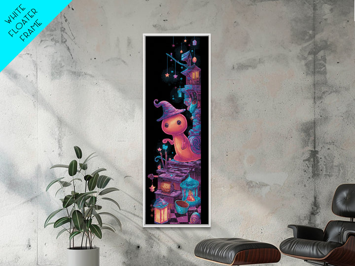 The Cinnamon-Roll Snail Witch, 80s Halloween Wall Art, Tall Narrow Wall Art, Framed Canvas Print, Retro Halloween Decor, Neon Wall Art