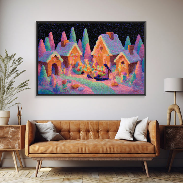 The Halloween Gingerbread Village, 80s Halloween Wall Art, Landscape Wall Art, Framed Canvas Print, Retro Halloween Decor, Neon Wall Art