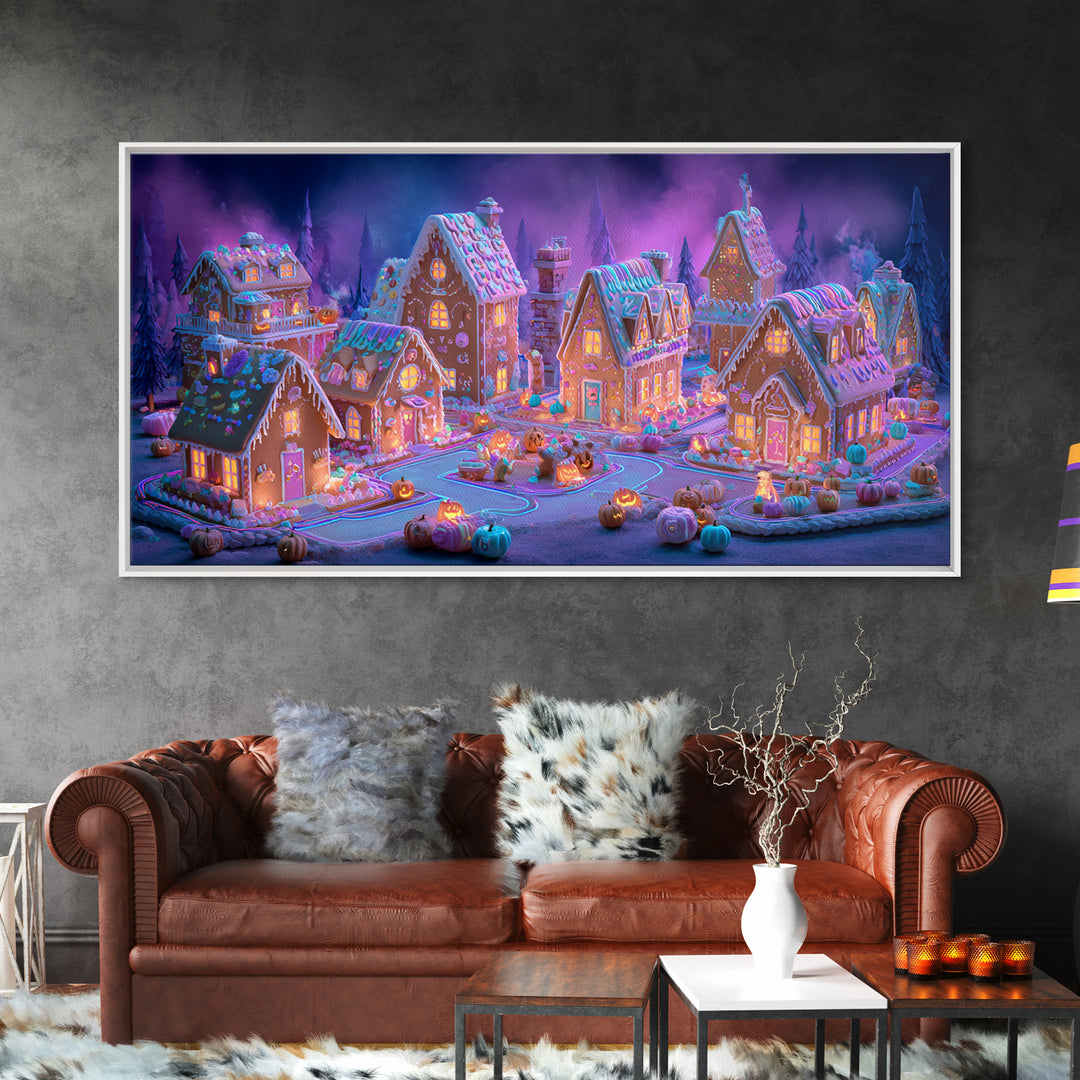 The Halloween Gingerbread Village, Retro Neon Halloween Art, Wide Panoramic Art, Framed Canvas Print, Retro Halloween Decor, Neon Wall Art