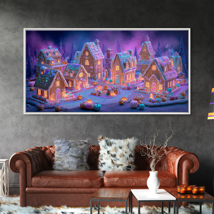 The Halloween Gingerbread Village, Retro Neon Halloween Art, Wide Panoramic Art, Framed Canvas Print, Retro Halloween Decor, Neon Wall Art