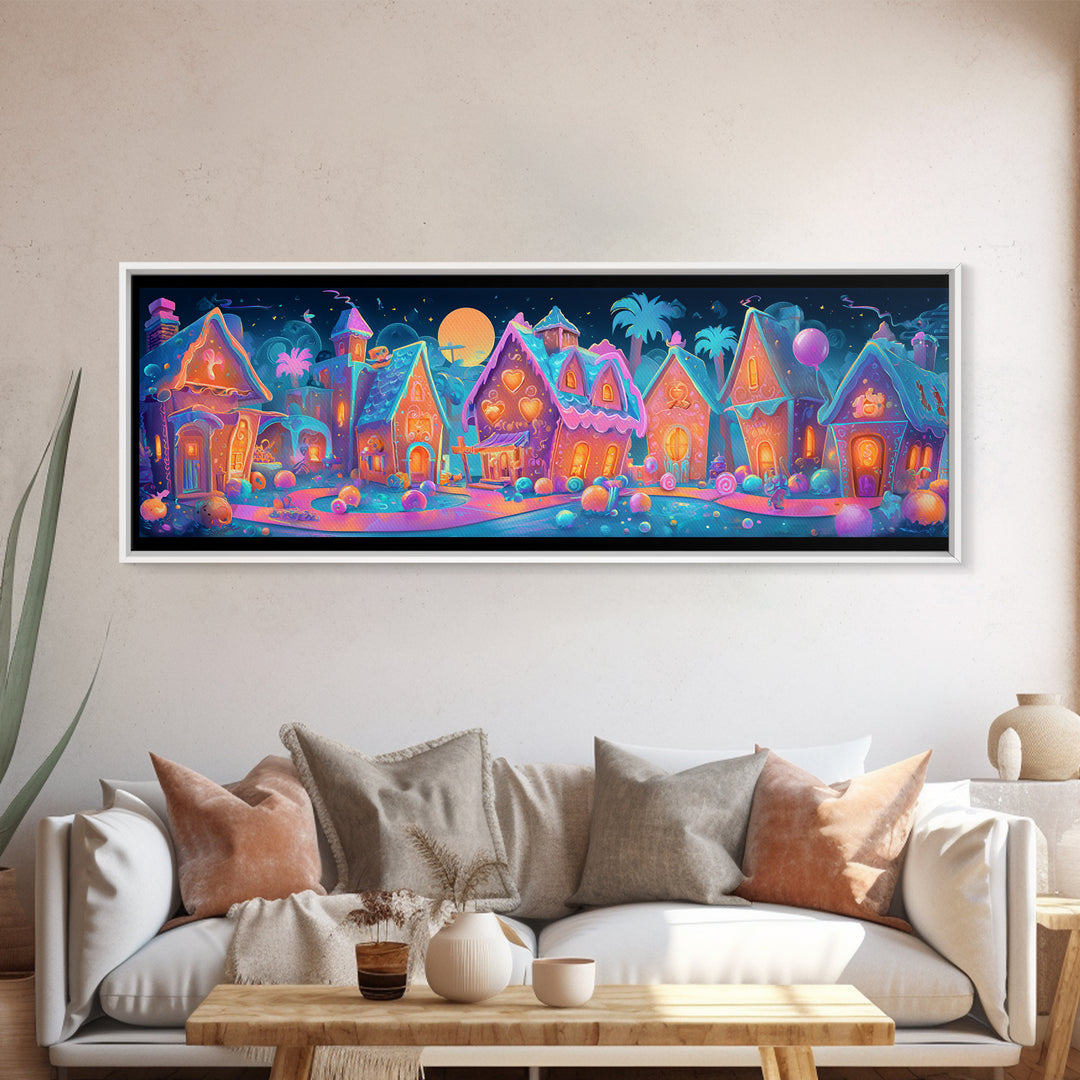The Halloween Gingerbread Village, Retro Neon Halloween Art, Extra Wide Wall Art, Framed Canvas Print, Retro Halloween Decor, Neon Wall Art