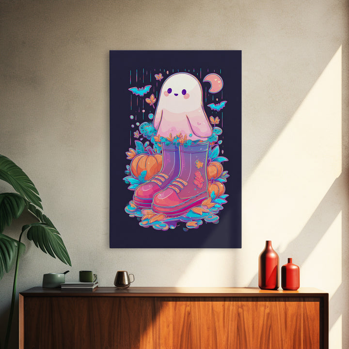 The Ghost In Rain Boots, Synthwave Halloween Art, Vertical Wall Art, Canvas Print, Retro Halloween Decor, Neon Wall Art