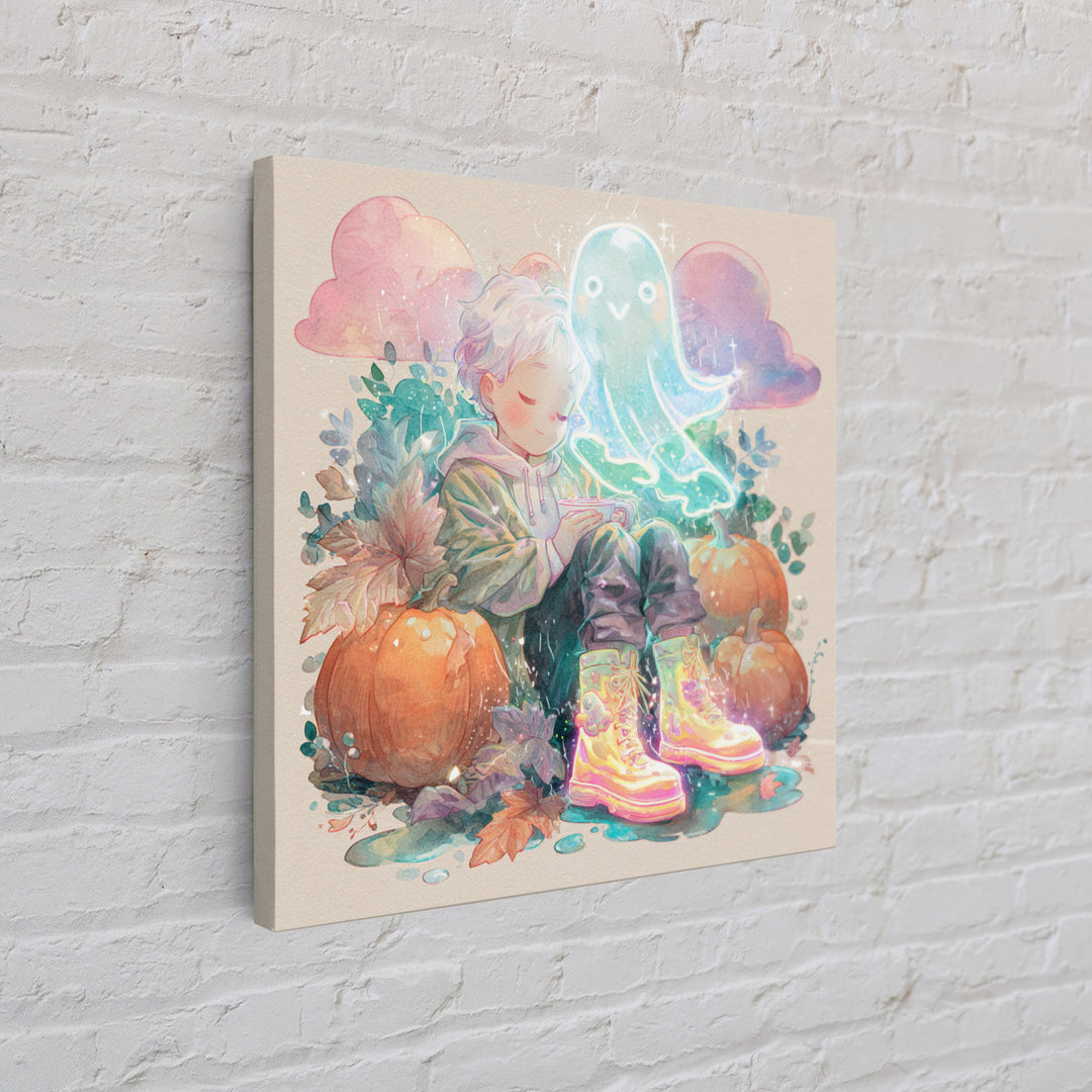 The Ghost In Rain Boots, Cute Spooky Neon Art, Square Wall Art, Framed Canvas Print, Retro Halloween Decor, Neon Wall Art