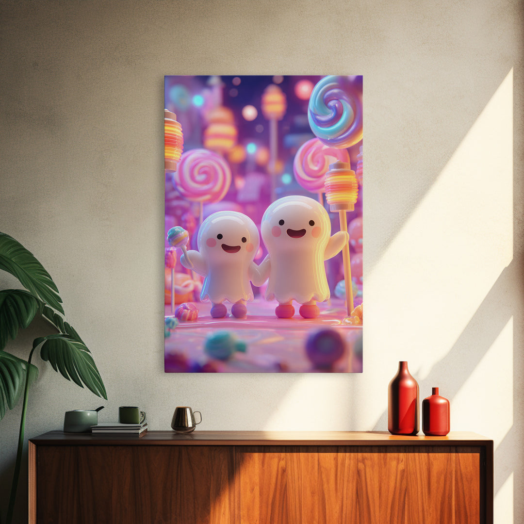 The Ghost Balloon Friend, Cute Spooky Neon Art, Vertical Wall Art, Framed Canvas Print, Retro Halloween Decor, Neon Wall Art
