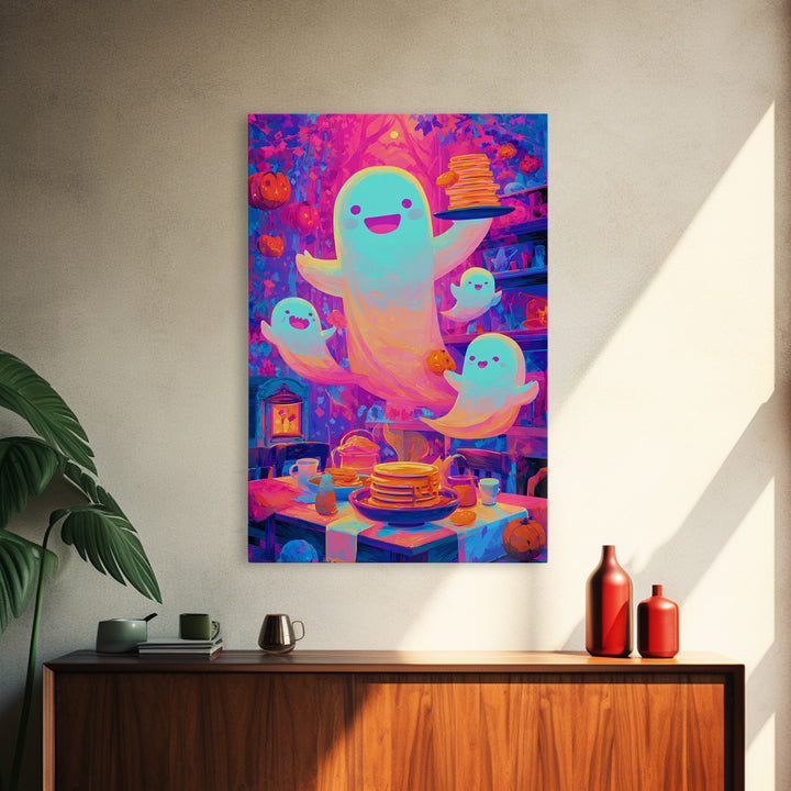 The Ghost Family Breakfast, Synthwave Halloween Art, Vertical Wall Art, Canvas Print, Retro Halloween Decor, Neon Wall Art