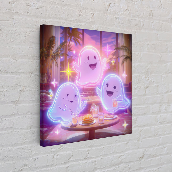 The Ghost Family Breakfast, Retro Neon Halloween Art, Square Wall Art, Framed Canvas Print, Retro Halloween Decor, Neon Wall Art