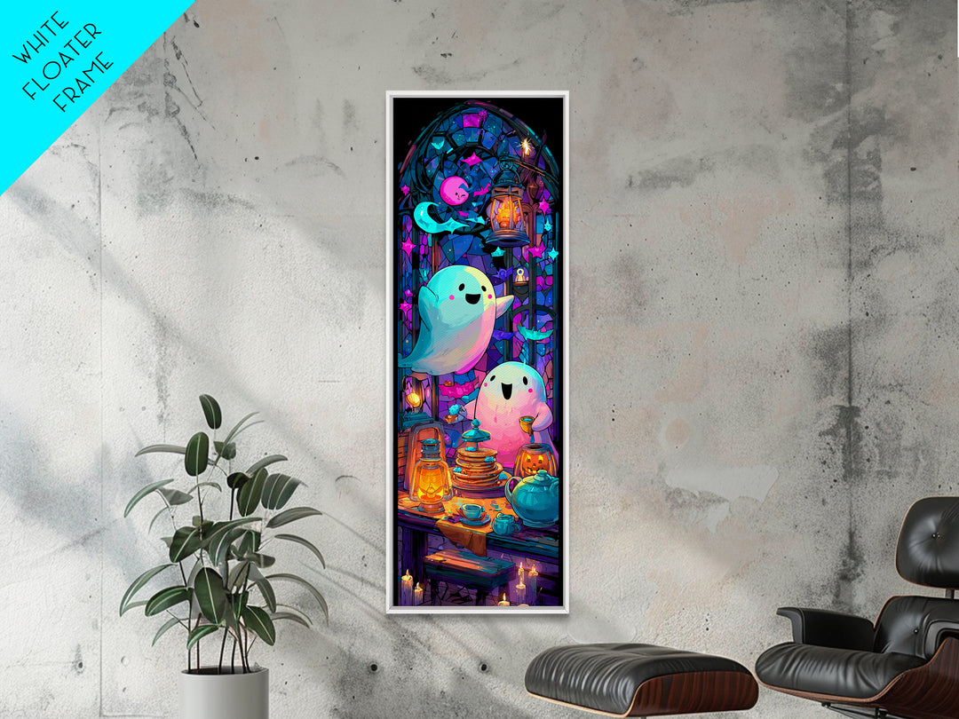 The Ghost Family Breakfast, Vaporwave Halloween Decor, Tall Narrow Wall Art, Canvas Print, Retro Halloween Decor, Neon Wall Art