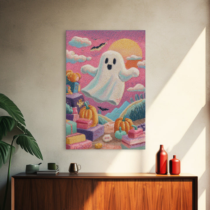 The Ghost Daycare, Retro Neon Halloween Art, Vertical Wall Art, Canvas Print, Retro Halloween Decor, Neon Wall Art, Statement Wall Art