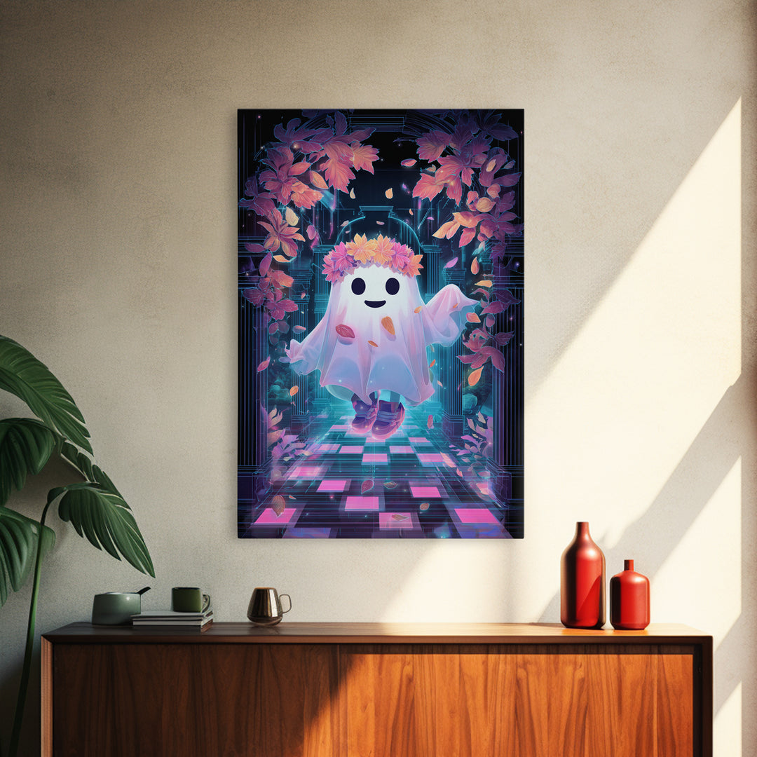 The Ghost With A Flower Crown, Retro Neon Halloween Art, Vertical Wall Art, Framed Canvas Print, Retro Halloween Decor, Neon Wall Art