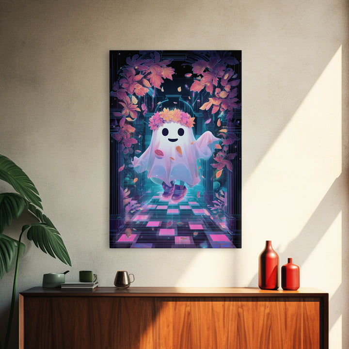The Ghost With A Flower Crown, Retro Neon Halloween Art, Vertical Wall Art, Framed Canvas Print, Retro Halloween Decor, Neon Wall Art