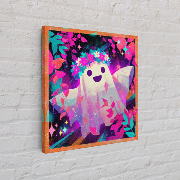 The Ghost With A Flower Crown, Vaporwave Halloween Decor, Square Wall Art, Canvas Print, Retro Halloween Decor, Neon Wall Art