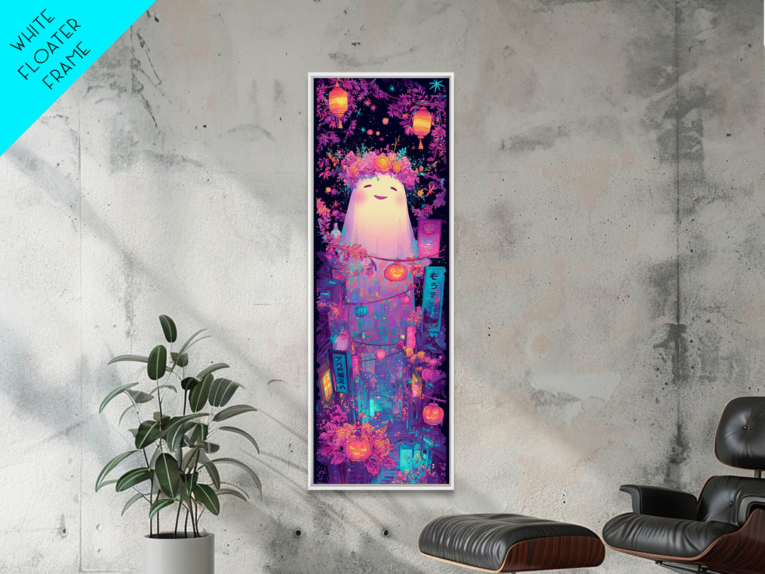 The Ghost With A Flower Crown, Synthwave Halloween Art, Tall Narrow Wall Art, Canvas Print, Retro Halloween Decor, Neon Wall Art