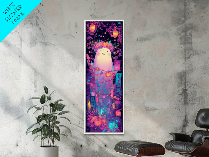 The Ghost With A Flower Crown, Synthwave Halloween Art, Tall Narrow Wall Art, Canvas Print, Retro Halloween Decor, Neon Wall Art