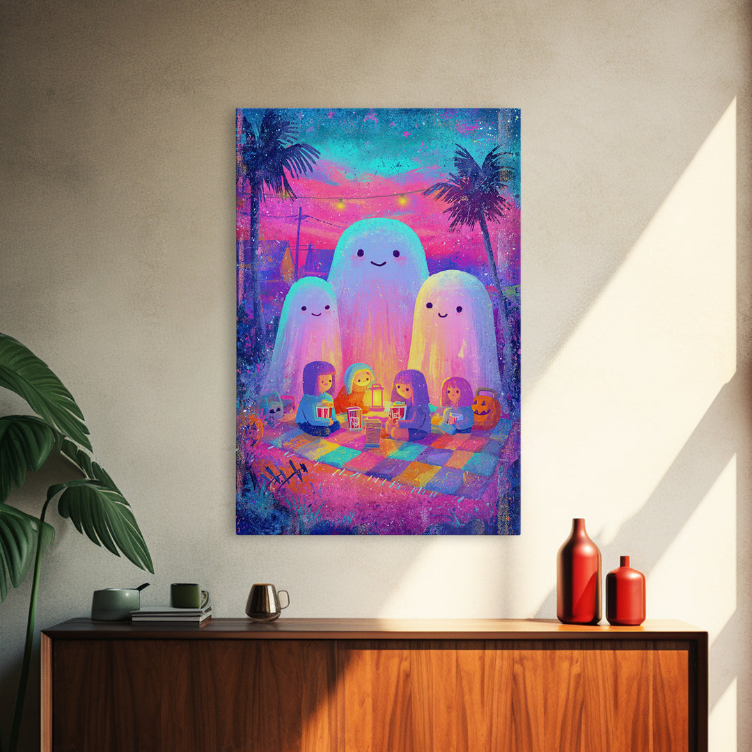The Sleepy Blanket Ghost, Cute Spooky Neon Art, Vertical Wall Art, Canvas Print, Retro Halloween Decor, Neon Wall Art, Spooky Wall Decor