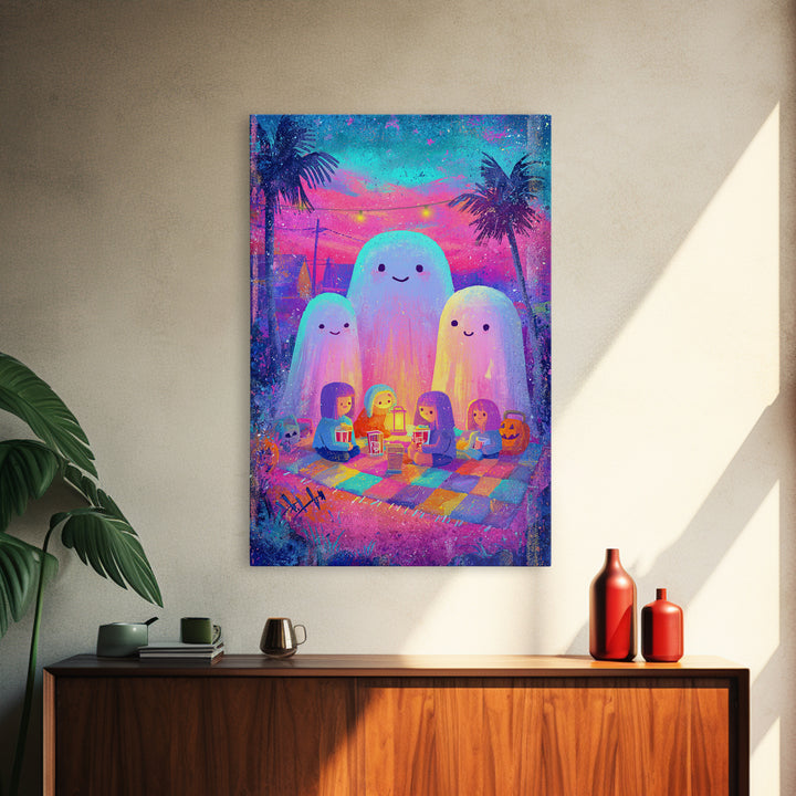 The Sleepy Blanket Ghost, Cute Spooky Neon Art, Vertical Wall Art, Canvas Print, Retro Halloween Decor, Neon Wall Art, Spooky Wall Decor