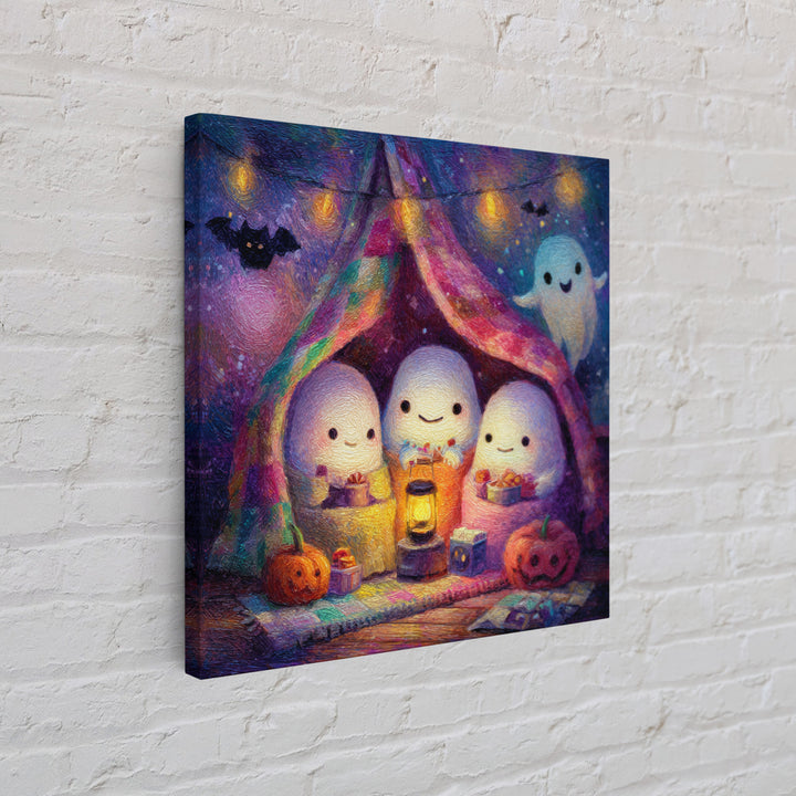 The Sleepy Blanket Ghost, Cute Spooky Neon Art, Square Wall Art, Canvas Print, Retro Halloween Decor, Neon Wall Art, Seasonal Home Decor