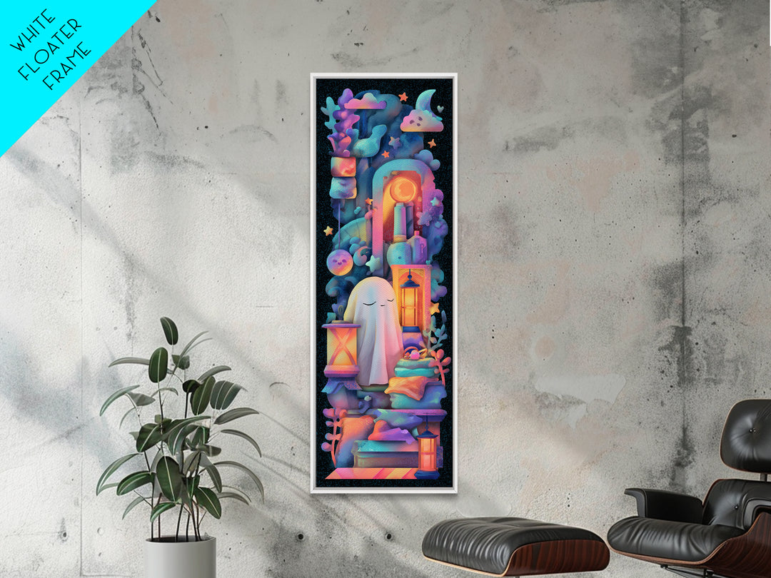 The Sleepy Blanket Ghost, Synthwave Halloween Art, Tall Narrow Wall Art, Canvas Print, Retro Halloween Decor, Neon Wall Art