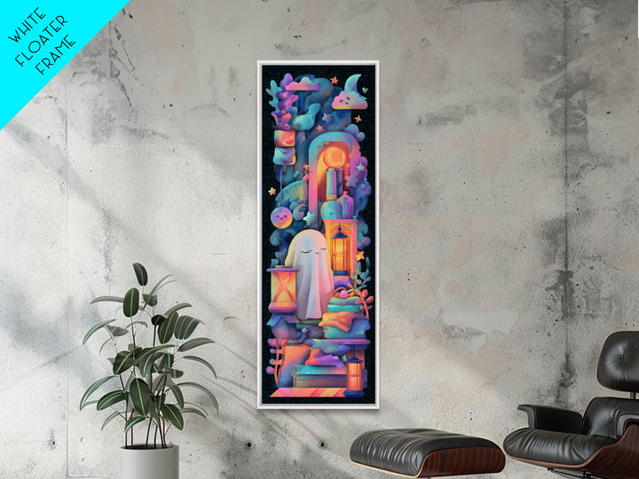 The Sleepy Blanket Ghost, Synthwave Halloween Art, Tall Narrow Wall Art, Canvas Print, Retro Halloween Decor, Neon Wall Art