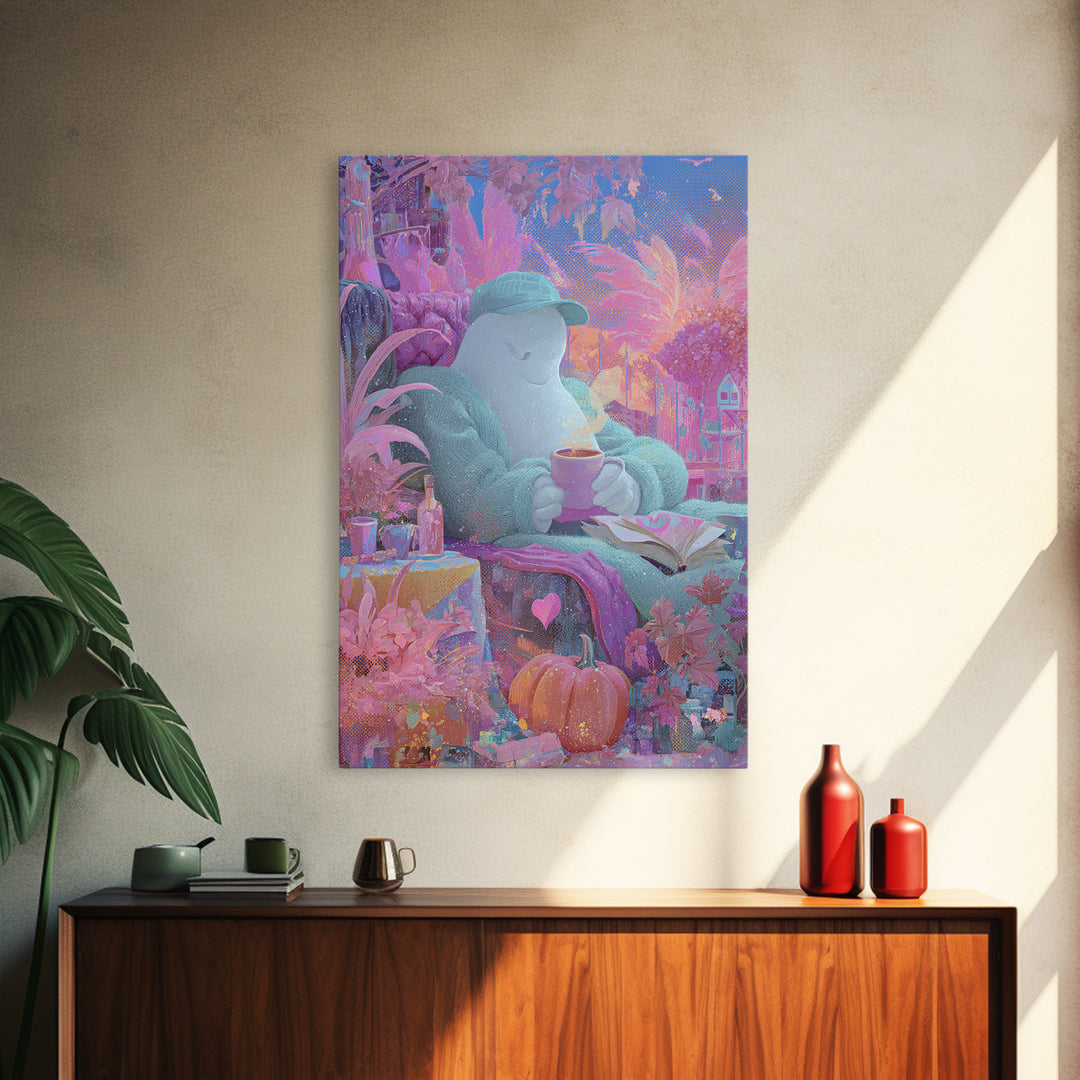 The Ghost Mail Carrier, 80s Halloween Wall Art, Vertical Wall Art, Framed Canvas Print, Retro Halloween Decor, Neon Wall Art