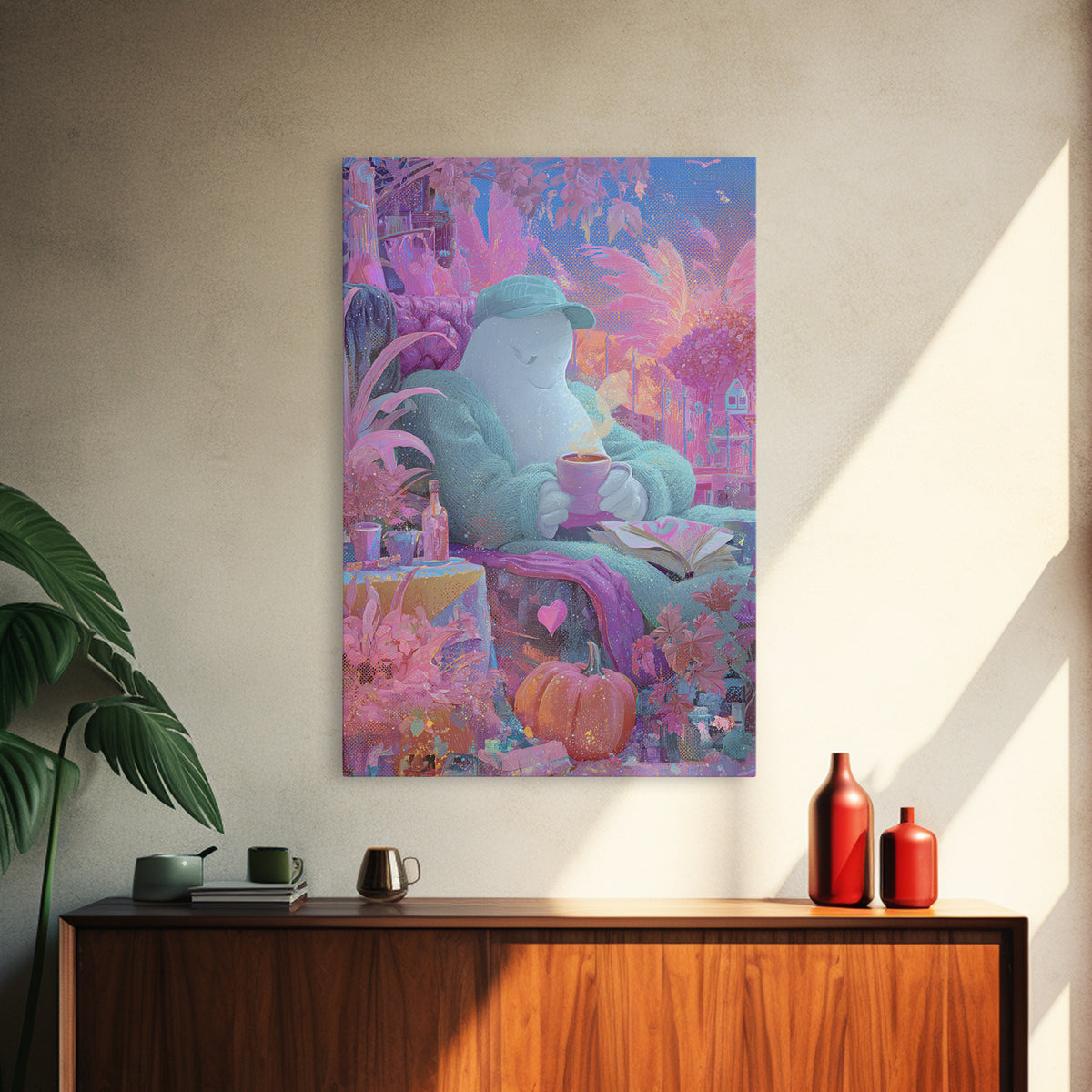 The Ghost Mail Carrier, 80s Halloween Wall Art, Vertical Wall Art, Framed Canvas Print, Retro Halloween Decor, Neon Wall Art