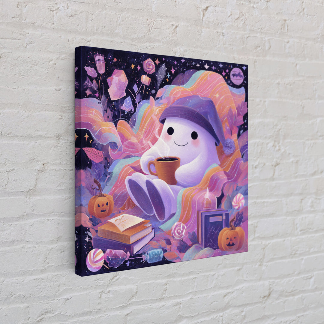 The Ghost Mail Carrier, Cute Spooky Neon Art, Square Wall Art, Framed Canvas Print, Retro Halloween Decor, Neon Wall Art